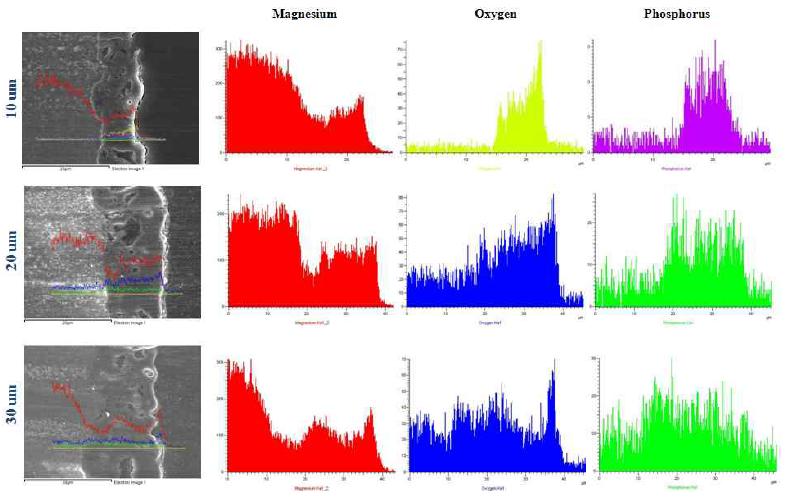 플라즈마 전해산화 코팅 공정에 의해 코팅된 마그네슘합금 산화층의 두께에 따른 EDS line 분석
