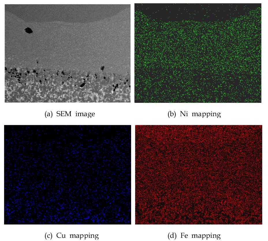 레이저 용접후 단면 전자현미경 사진 및 원소 mapping 사진.