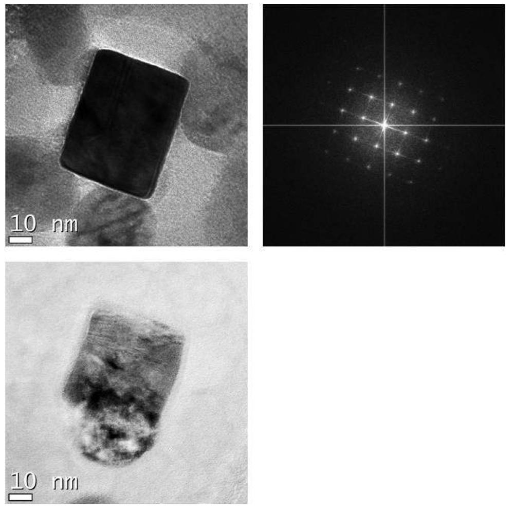 지르코니아 1wt% 함유 조성의 900oC-2h 소결체에 대한 투과전자 현미경 분석 사진 (우상은 좌상의 가운데 각진 입자에 대한 SAED 패턴).