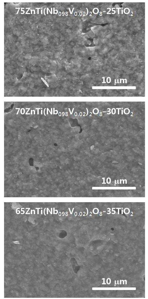 ZnTi(Nb0.98V0.02)2O8-TiO2계를 충진재로 하는 고유전율 조성에 대한 875oC-2h 소결체의 파단면에 대한 미세구조 SEM 사진.