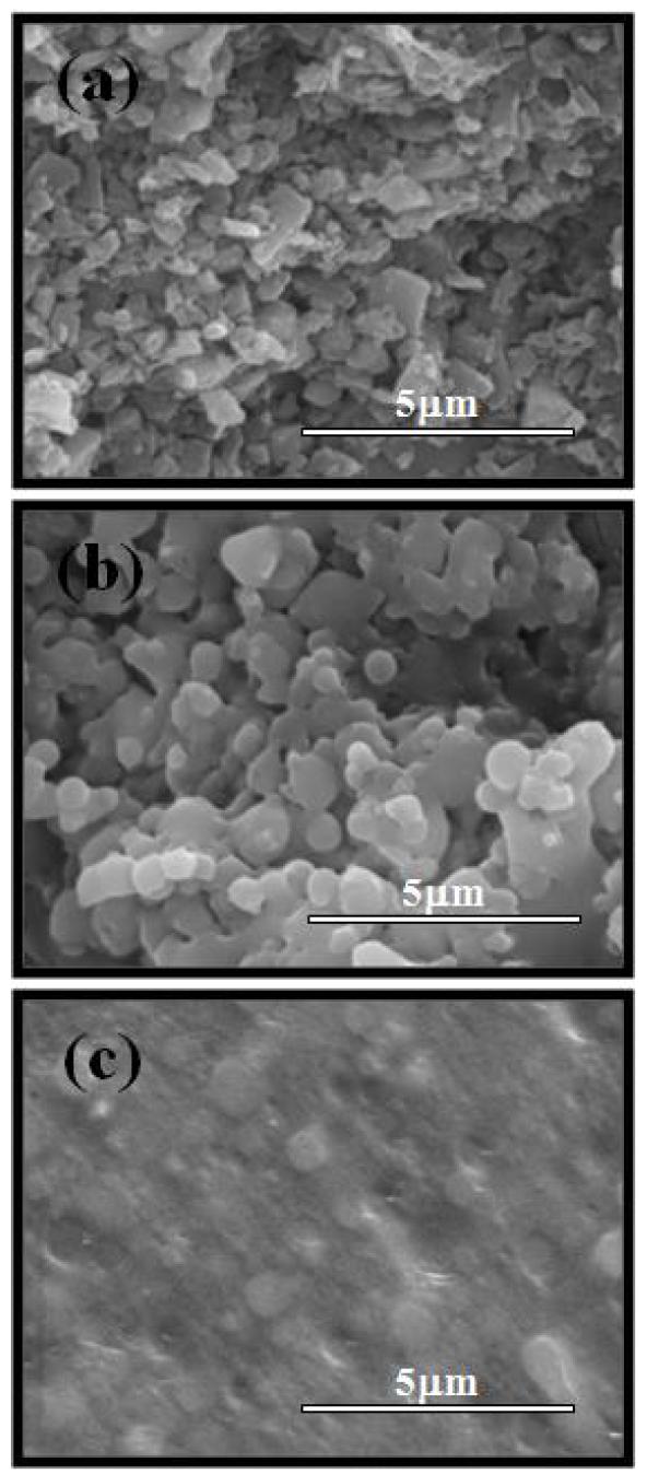 SEM images of K0-33 glass: Fractured surfaces of specimens (a) pressed, (b) and (c) sintered at 850℃ and 950℃, respectively, for 1 h.