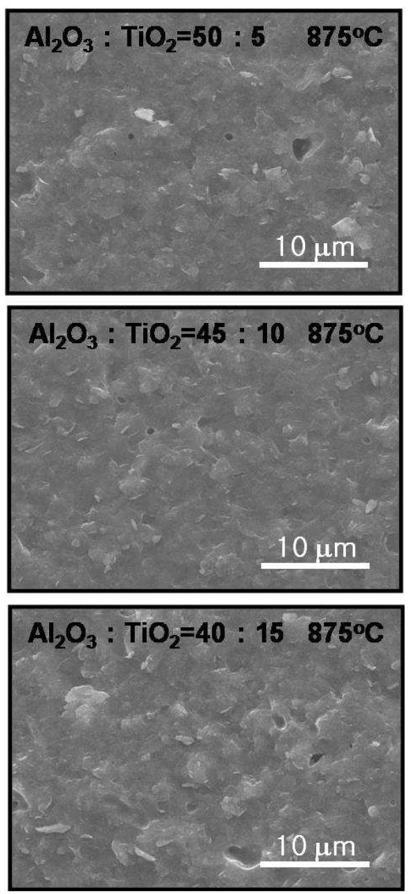 CMG-01B 유리 프리트의 함량이 45 wt%이고 충진재인 알루미나와 TiO2의 합이 55 wt%인 조성계에서 TiO2 함량이 5, 10, 15 wt인 조성의 875oC-2h 소결체 파단면 SEM 사진.