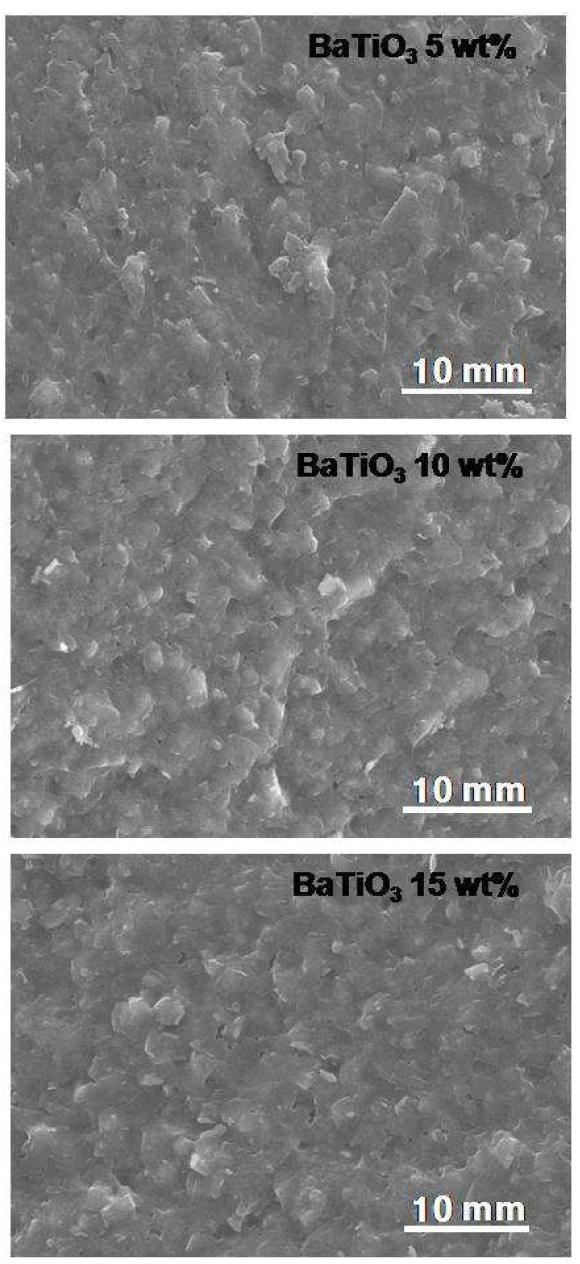 CMG-01B 유리 프리트의 함량이 45 wt%이고 충진재인 알루미나와 BaTiO3의 합이 55 wt%인 조성계에서 BaTiO3 함량이 5, 10, 15 wt인 조성의 850oC-2h 소결체 파단면 SEM 사진.