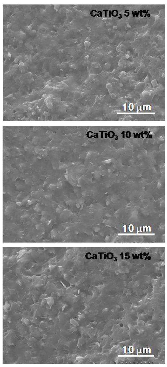 CMG-01B 유리 프리트의 함량이 45 wt%이고 충진재인 알루미나와 CaTiO3의 합이 55 wt%인 조성계에서 CaTiO3 함량이 5, 10, 15 wt인 조성의 850oC-2h 소결체 파단면 SEM 사진.