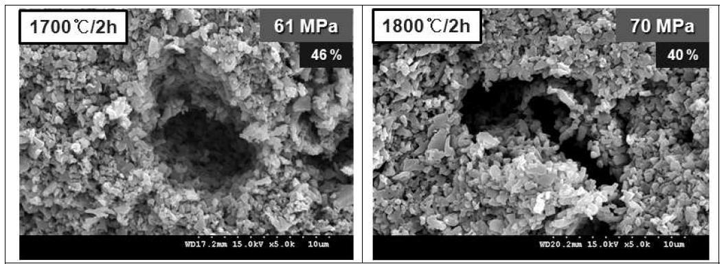 Effect of sintering temperature on the microstructure of microcellular SiC ceramics sintered at various tempertuares for 2 h in N2.