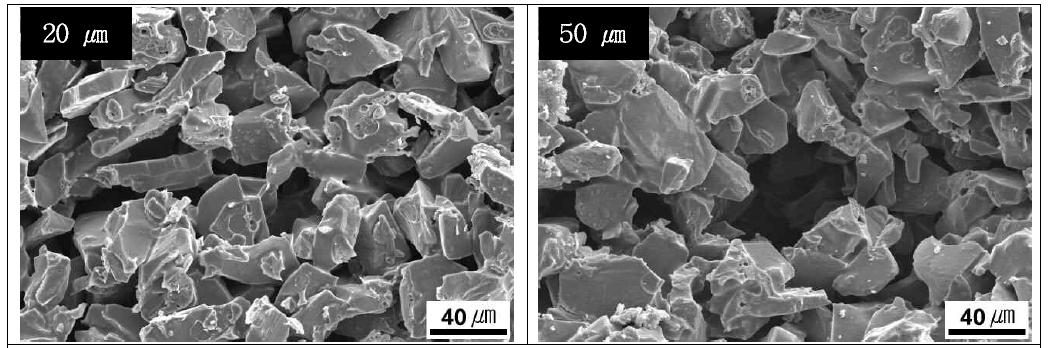 Effect of template size on the microstructure of microcellular SiC ceramics (FBSC) sintered at 800℃ for 2 h in air. The template content was 2 wt% for both specimens.