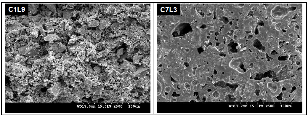 Effect of C:L ratio on the microstructure of CL tile bodies sintered at 800oC for 1 h in air.