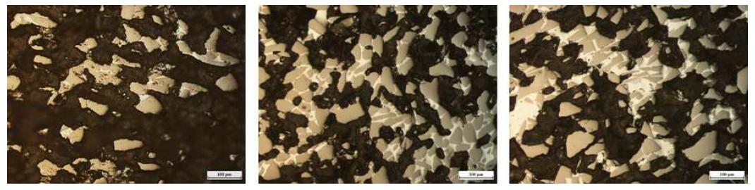 OEM images of porous SiC ceramics sintered at 1700℃ for 3h: (a) content of Si 10wt%, (b) content of Si 20wt%, (c) content of Si 30wt%
