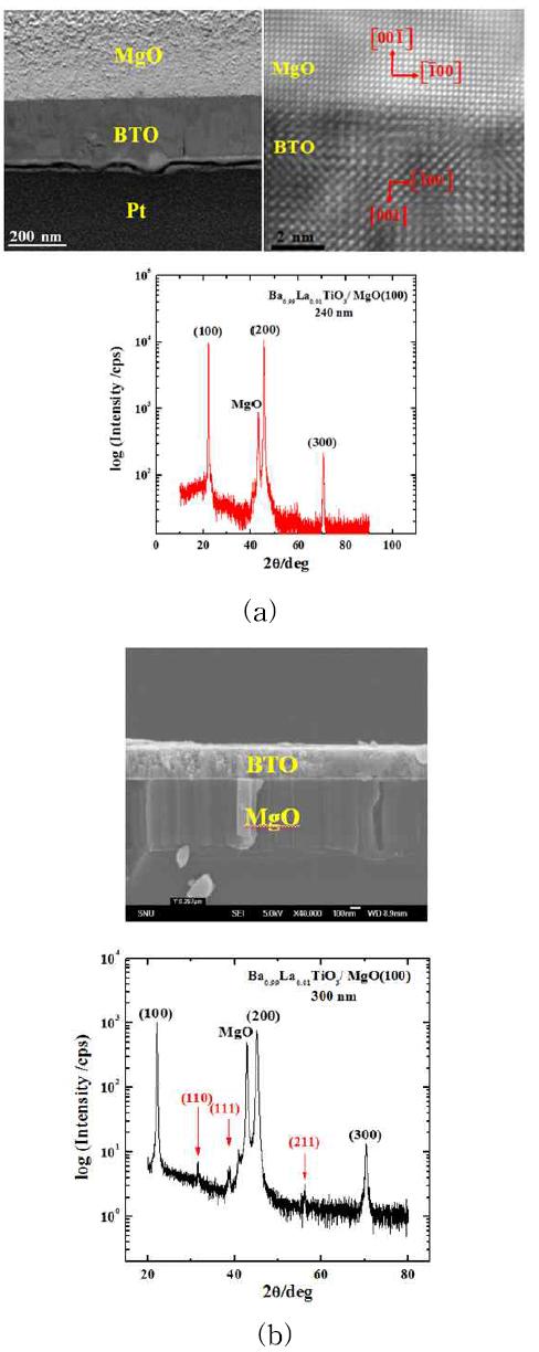 TEM, SEM and XRD pattern of (a) epitaxy columnar and (b) polycrystal BaTiO3 thin film.