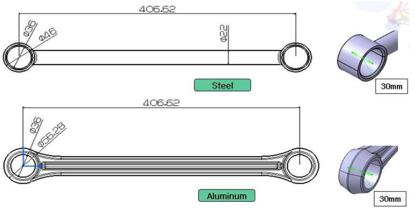 Steel 모델과 aluminum 모델 치수 비교