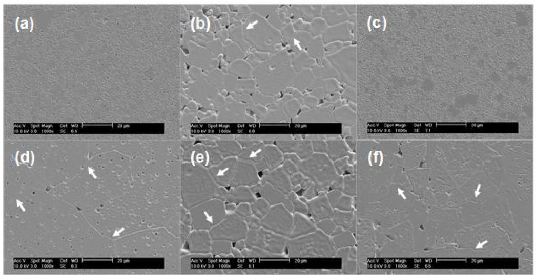 [(K0.5Na0.5)1-xLix]NbO3 시편의 SEM 이미지: (a) x=0.00, 1030°C, 2시간; (b) x=0.01, 1030°C, 2시간; (c) x=0.03, 1030°C, 2시간; (d) x=0.00, 1080°C, 2시간; (e) x=0.01, 1080°C, 2시간, (f) x=0.03, 1080°C, 2시간.