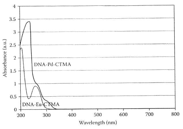 DNA-CTMA-금속 복합체 에탄올 용액의 UV-Vis 스펙트럼