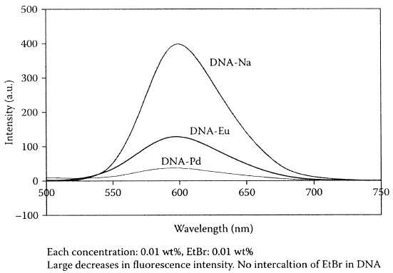 DNA내 Eu³⁺ 또는 Pd²⁺의 존재에 따른 형광 세기