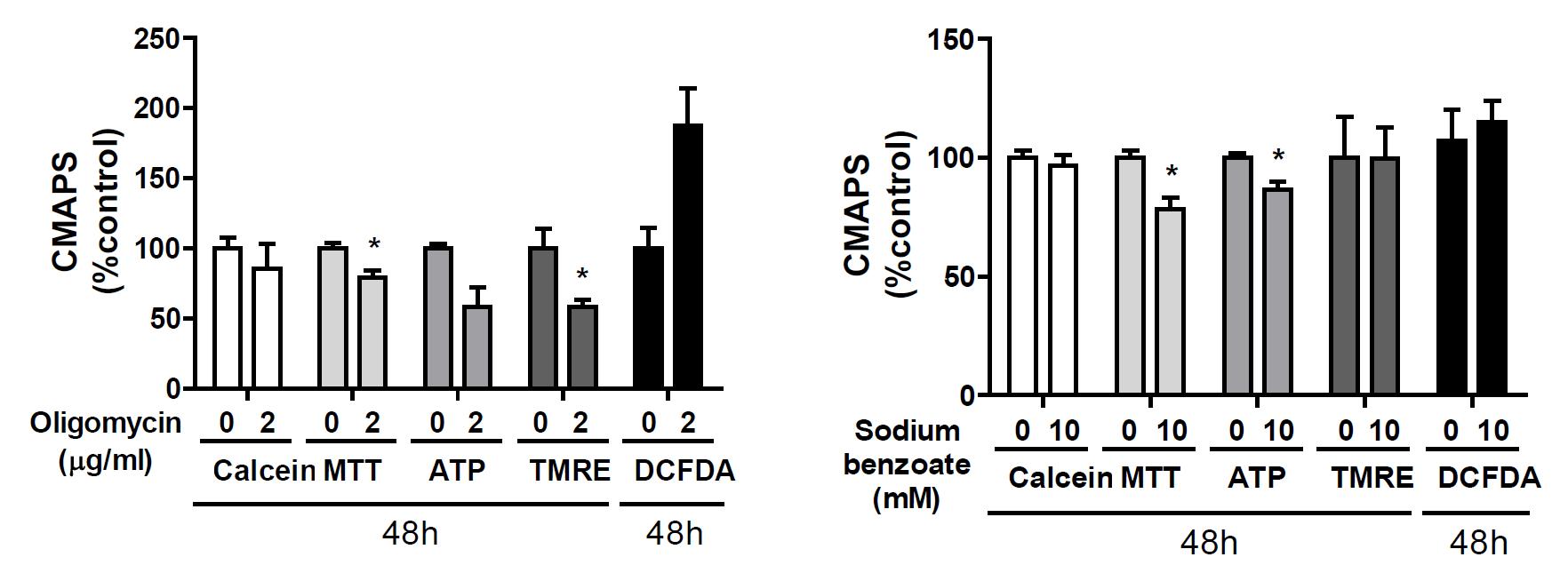 CMAPS analysis of oligomycin and sodium benzoate using SHSY5Y cells. The SH-SY5Y cells in 96-well plate were treated with oligomycin or sodium benzoate as described in the Method section. Parameters are calcein for cell viability, MTT for complex I activity, ATP contents, TMRE for mitochondrial membrane potential, and DCFDA for ROS.*p< 0.05, **p< 0.01, ***p< 0.001 vs. control vehicle