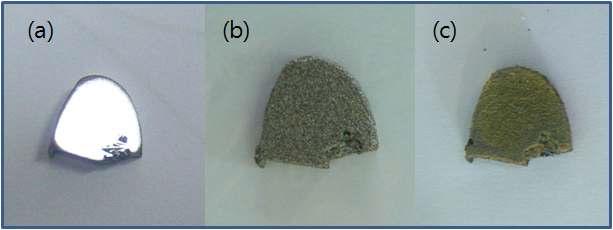 (a) 제조된 합금의 외관 (b) 순수한 Ti가 코팅된 외관 (c) 산화실험 후의 외관