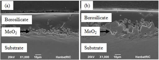 코팅하지 않은 상태에서 산화된 (a) Mo-9Si-16B 와 (b) Mo-12Si-8B 합금 (1100 ℃, 25 시간)