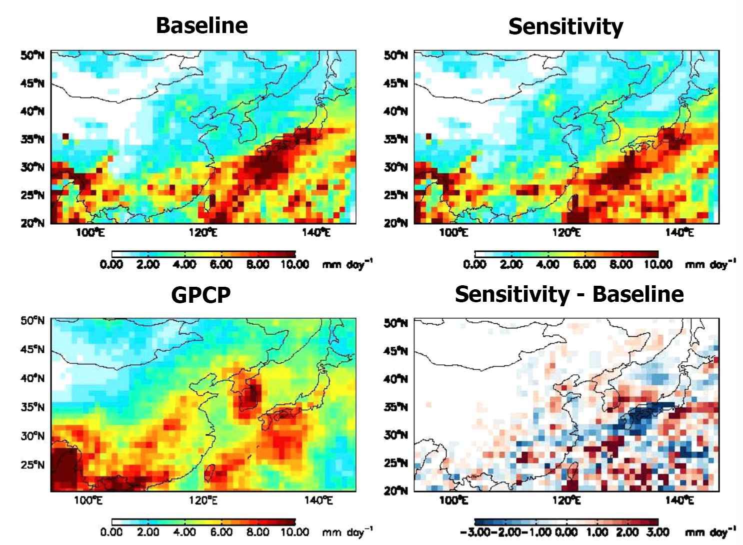 Fig. 13.2 Seasonal total precipitation of simulations and observation fordomain 1 (45 km x 45 km) over East Asia for summer, 2004. Observationis Global Precipitation Climatology Project (GPCP) with 1o x 1o spatialresolution. Simulations are baseline with original WRF code and sensitivitywith modified WRF code and aerosol data simulated with CMAQ