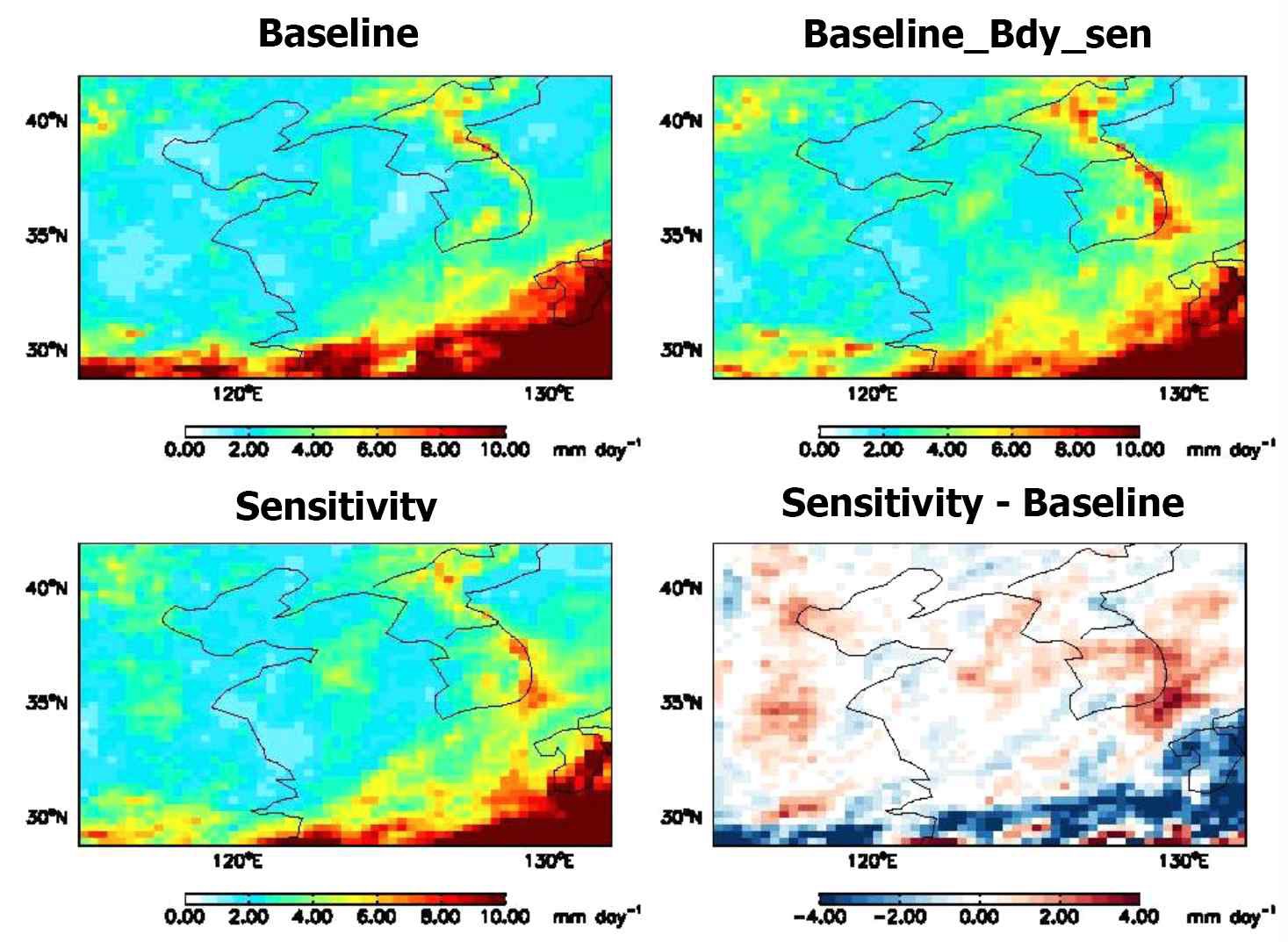 Fig. 13.3 Seasonal total precipitation of baseline, baseline_bdy_sen, andsensitivity simulations for domain 2 (15 km x 15 km) for summer, 2004.Baseline_bdy_sen is baseline simulated with boundary obtained fromsensitivity simulation of domain 1.