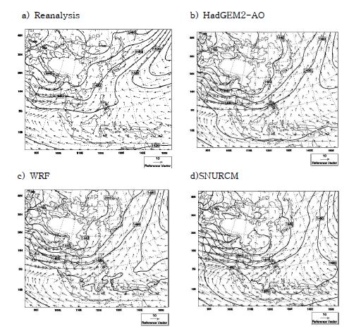 Fig. 16.3 The 850hPa winds (m/s; vector) and geopotential height (m; contour)of the 26-year (1980-2005) summer (JJA) season, obtained from (a) RA2, (b)HedGEM2-AO, (c) WRF (d) SNURCM