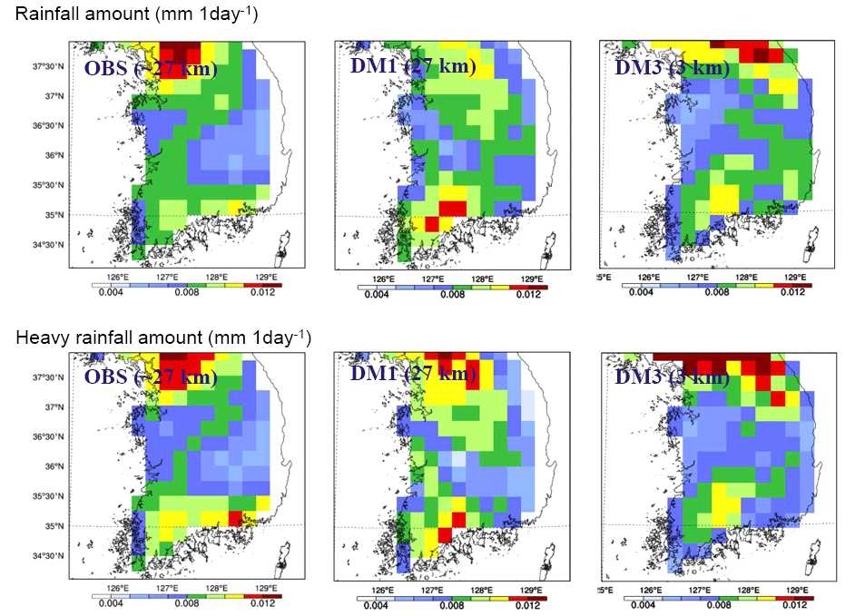 Fig. 1.2 Probability density function for rainfall amount and heavy rainfall amount of theobservations, domain 1, and domain 3.