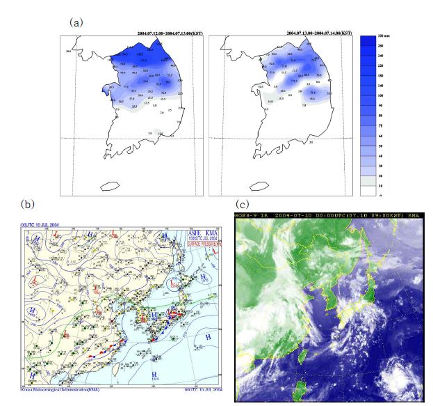 Fig. 3.4 (a) Accumulated rainfall and (b) surface weather chart and (c) satellite image for10 UTC July 2004