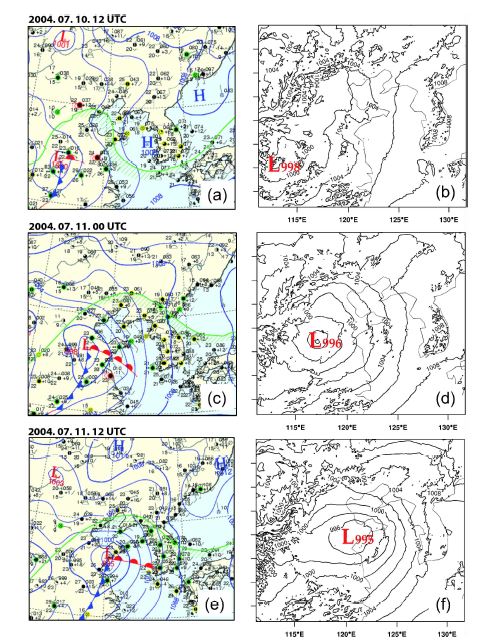 Fig. 3.5 Weather map charts (left panel) and numerical simulated results (right panel)for 12 UTC 10 (top panel), 00 UTC 11 (middle panel) and 12 UTC 11 (bottom panel)July 2004