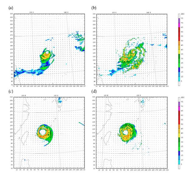 Fig. 4.4 Simulated radar reflectivity for one-way nested (left panel) and two-way nested(right panel) simulation results at T+40h for EXP01 (top panel) and EXP02 (bottompanel).