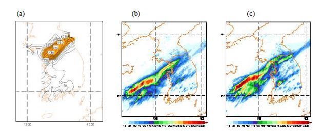 Fig. 10.1 (a) Observed 24-h accumulated precipitation (mm) valid at 00 UTC 15 July 2001 andsimulate results from the (b) WSM6 and (c) PLIN microphysics schemes.