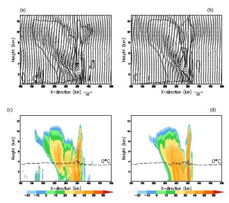 Fig. 10.7 Storm-relative 2-D wind vectors (arrows), cold pool defined by the -2 K isotherm ofpotential temperature perturbation (thick solid line), and boundary of hydrometeors with mixing ratiogreater than 0.01 gkg-1 (thin solid line) at 4 hours are shown in (a) and (b). For clarity, thevertical component of wind vectors is exaggerated by a factor of 5. Only the lowest 13 km of thedomain are shown. Simulated reflectivity (dBZ) at 4 hours for the two experiments are alsorepresented in (c) and (d). The dashed line represents the level of 0℃ temperature. Left (Right)panels show the WDM (WSM) simulations