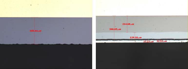 삼중접합 태양전지 셀의 MESA etch 전/후 광학현미경 이미지