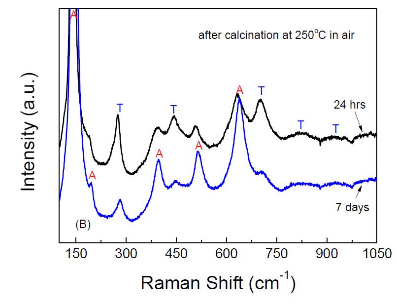 250 ℃의 낮은 온도에서 열처리한 분말의 Raman 분석 결과