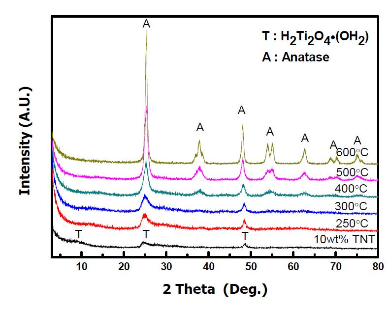 Tungsten 이온이 도핑된 TiNT의 X-선 회절시험 결과.