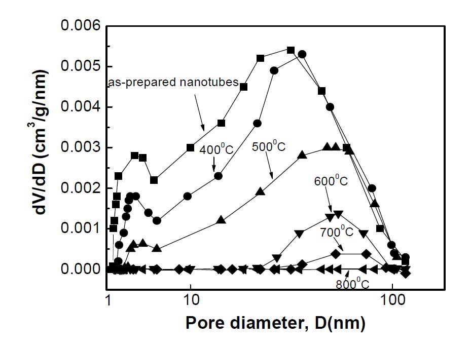 열처리 온도에 따른 나노튜브의 기공 크기 분포.