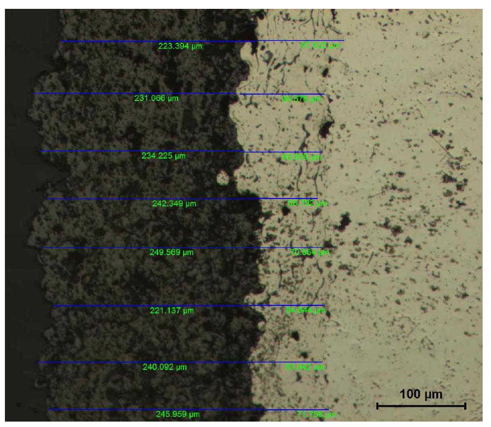 Cross-sectional view of an as-sprayed coating specimen showing the measured thickness of the bond coat and top coat