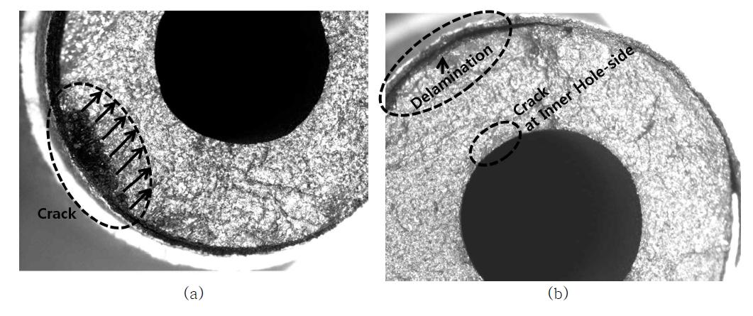 Micro-graph of the fractured surface of a coated specimen after TGMF tests, (a) right-side, (b) left-side