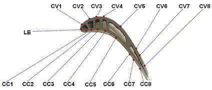 Coating thickness measurement locations on the cross section of used blade