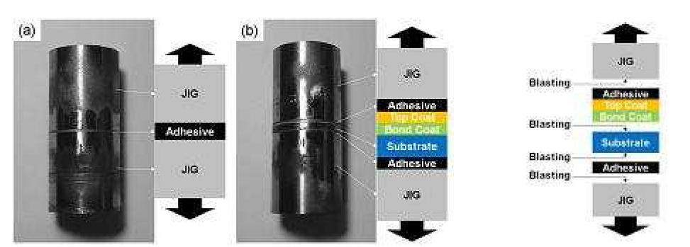 Schematic illustration and picture of specimen for evaluating the bond strength of (a) adhesive itself (b) TBC specimen (c) the locations where grit blasting is applied