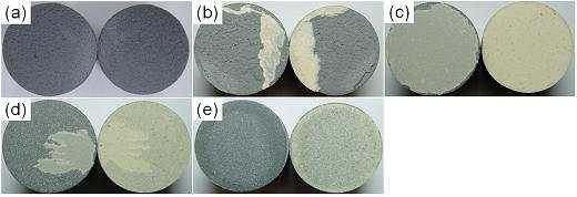 Fractured specimens after bond tests, specimens were isothermally aged at 1,100℃ for (a) 0 h (b) 10 h (c) 50 h (d) 100 h (e) 400 h