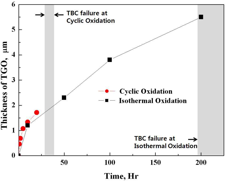 Comparison of TGO growth rates between isothermal and cyclic oxidation test at 1,100℃