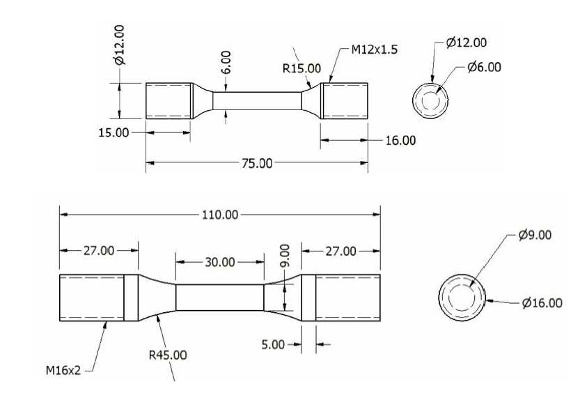 Sketchs of specimens for tensile and LCF tests