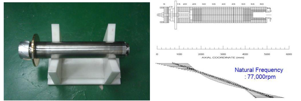 2차년도에 새로 제작된 영구자석 동기전동기 회전축 사진 (왼쪽) 과 유한요소 모델 (오른쪽)