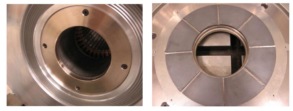 300마력 39,000 rpm 터보 송풍기의 회전축을 지지하는 무급유 공기 포일 저널 (좌) 및 스러스트 (우) 베어링