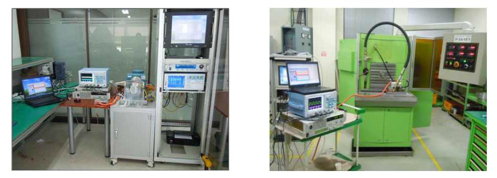 전자제어식 오일펌프 성능시험 장비 모터 다이나모미터(좌), 오일펌프 작동성능 및 소음측정 장비(우)