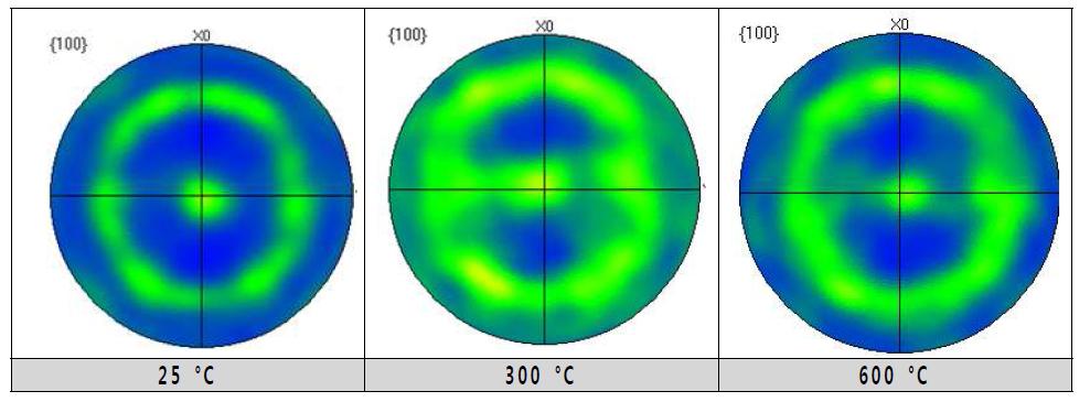 수소가 장입된 시편을 상온에서 600 ℃의 온도구간에서 인장 시험을 진행한 시편의 EBSD 분석결과.