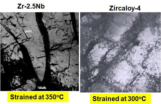 The formation of cellular dislocations in a Zr-2.5Nb pressure tube and Zircaloy-4, that were given tensile tests at 350 and 300oC, respectively.