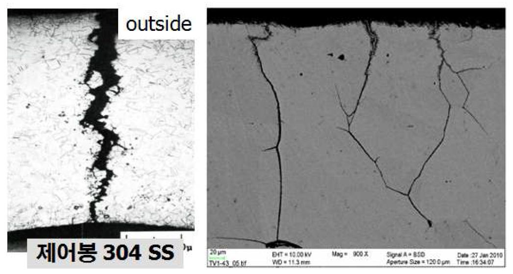 Intergranular cracking in a 304 stainless steel tube and a Alloy 600 tube exposed to primary water in PWRs.