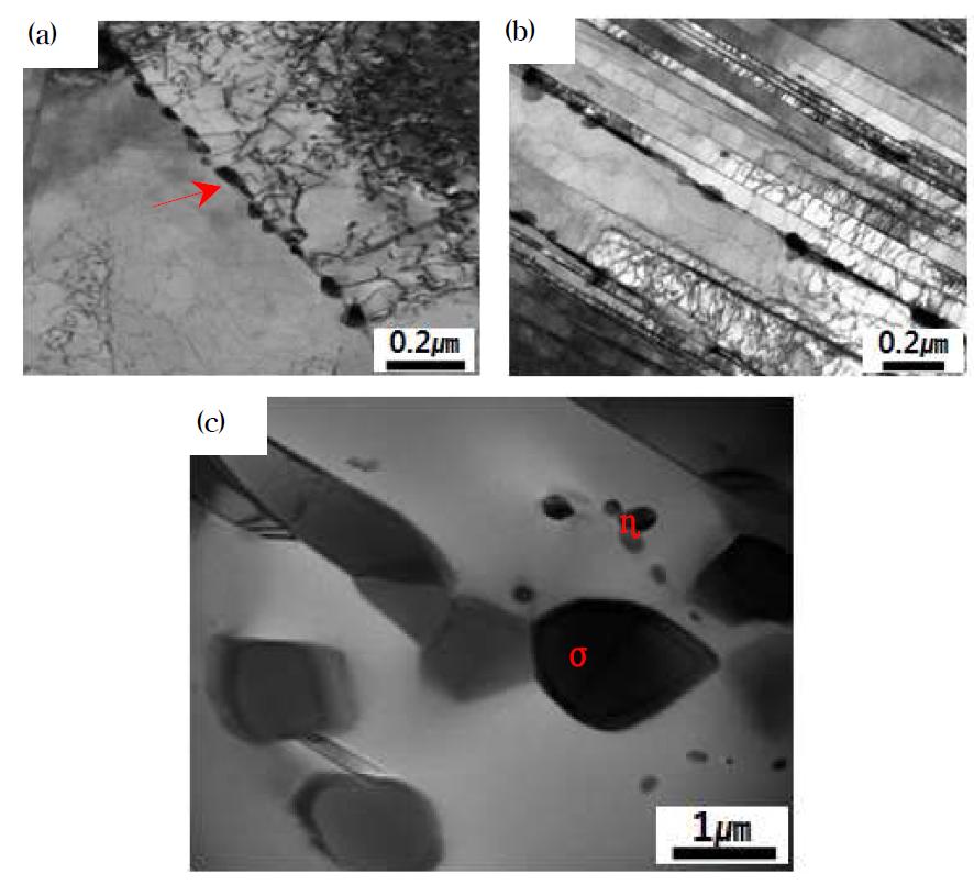 Formation of precipitates on aging of 316L stainless steel: Laves phase formed at (a) the grain boundary after ageing at 600oC for 150h, (b) on the planar dislocations after aging at 650oC for 165 h, (c) large sigma phase and smaller laves phase inside a grain on aging at 600oC 741h.