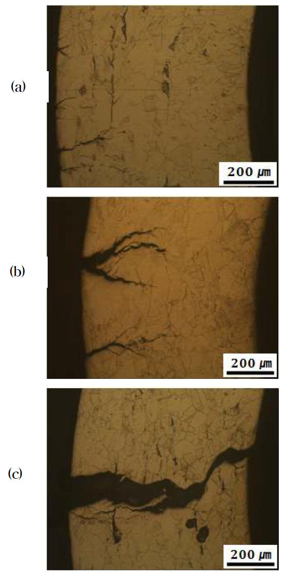 Crack growth pattern of the heat-treated 316L stainless steel at 600oC for (a) 2h, (b) 24h and (c) 59h.