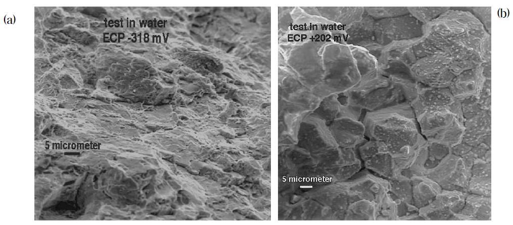 Intergranular and transgranular cracking in water with (a) 0.01 ppm and (b) 8 ppm, respectively, when irradiated SA 304 steels to 50 dpa were tensile tested at 2.5x10-7/s and 289oC.