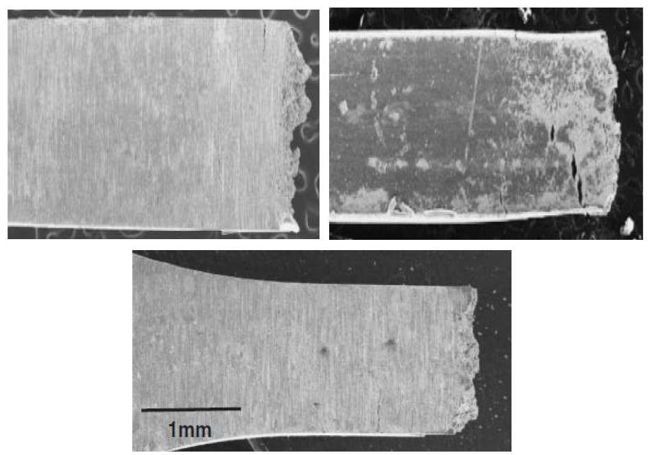 Side views of fracture surface in PWR irradiated CW 316 stainless steels after SSRT tests in 593K simulated PWR primary water: (a) 53 dpa/2.8 ppm DH/81%IG, (b) 35 dpa/0 ppm DH/16%IG and (c) 53 dpa/0.02 ppm DO/91%IG.